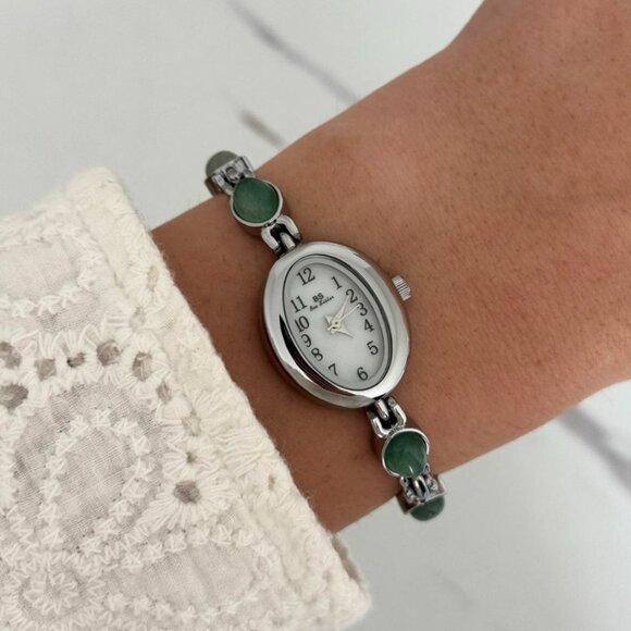 Sku0458 Retro Silver Green Gemstones Women Minimalist Watch Bracelet + gift bag